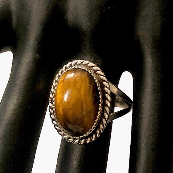 Native American Sterling Silver Ring w Tigers Eye and Woven Detail Sz 10-1/2 - Picture 15 of 17